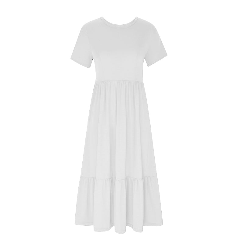 Robe à col rond plissée de couleur unie pour femmes