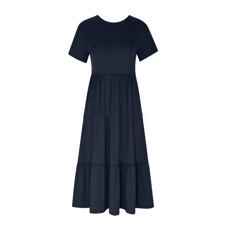 Robe à col rond plissée de couleur unie pour femmes