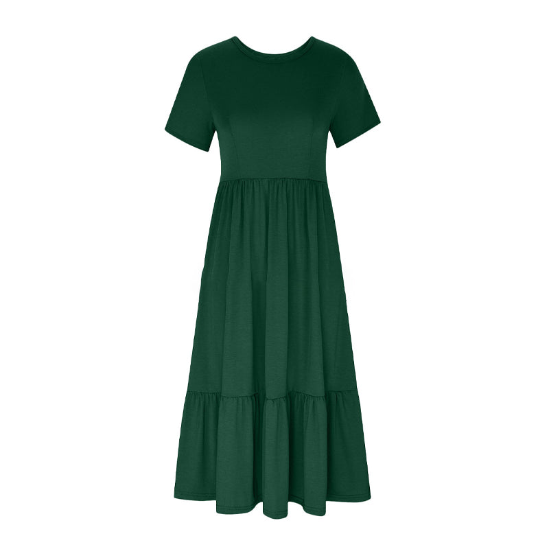 Robe à col rond plissée de couleur unie pour femmes