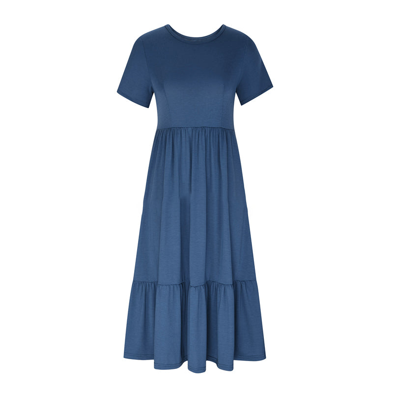 Robe à col rond plissée de couleur unie pour femmes