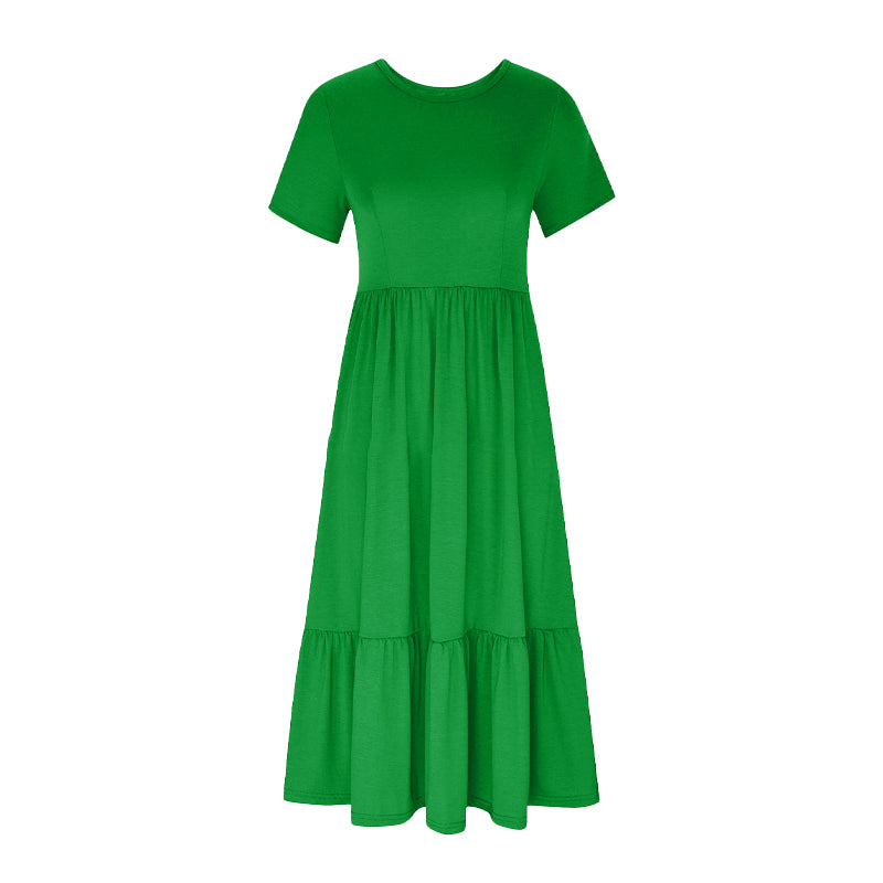 Robe à col rond plissée de couleur unie pour femmes