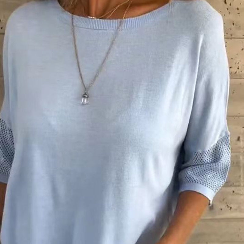 T-shirt décontracté de couleur unie à col rond et manches 3/4 pour femmes