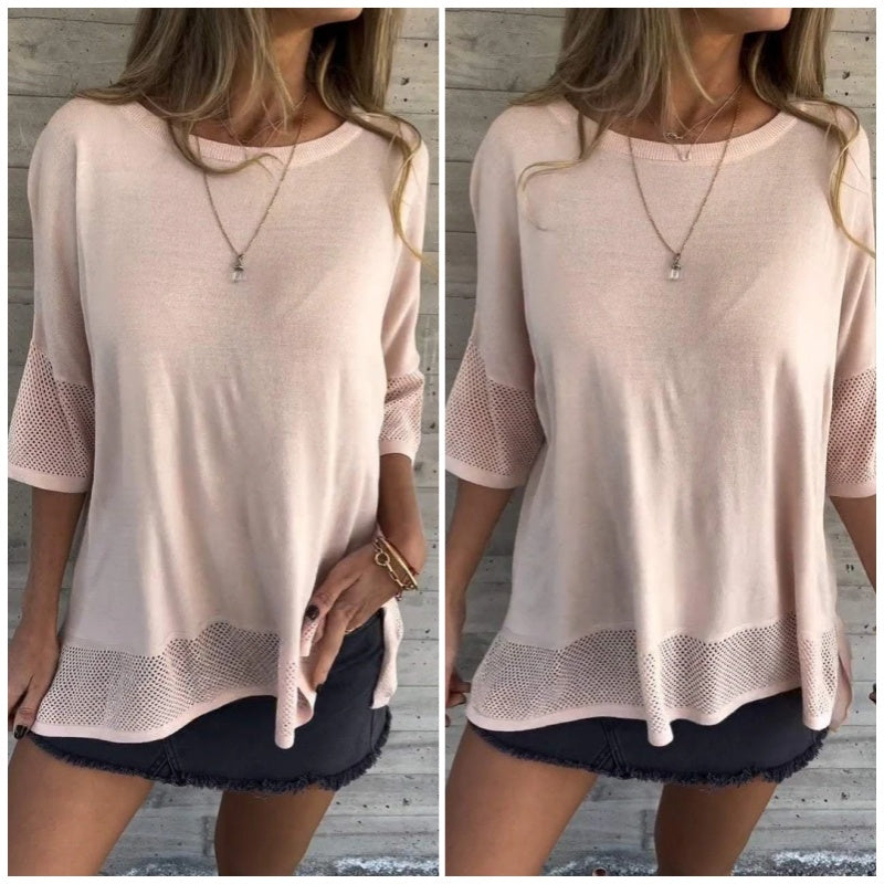 T-shirt décontracté de couleur unie à col rond et manches 3/4 pour femmes