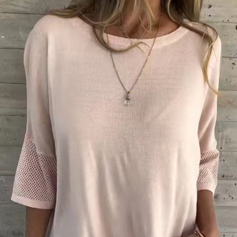 T-shirt décontracté de couleur unie à col rond et manches 3/4 pour femmes