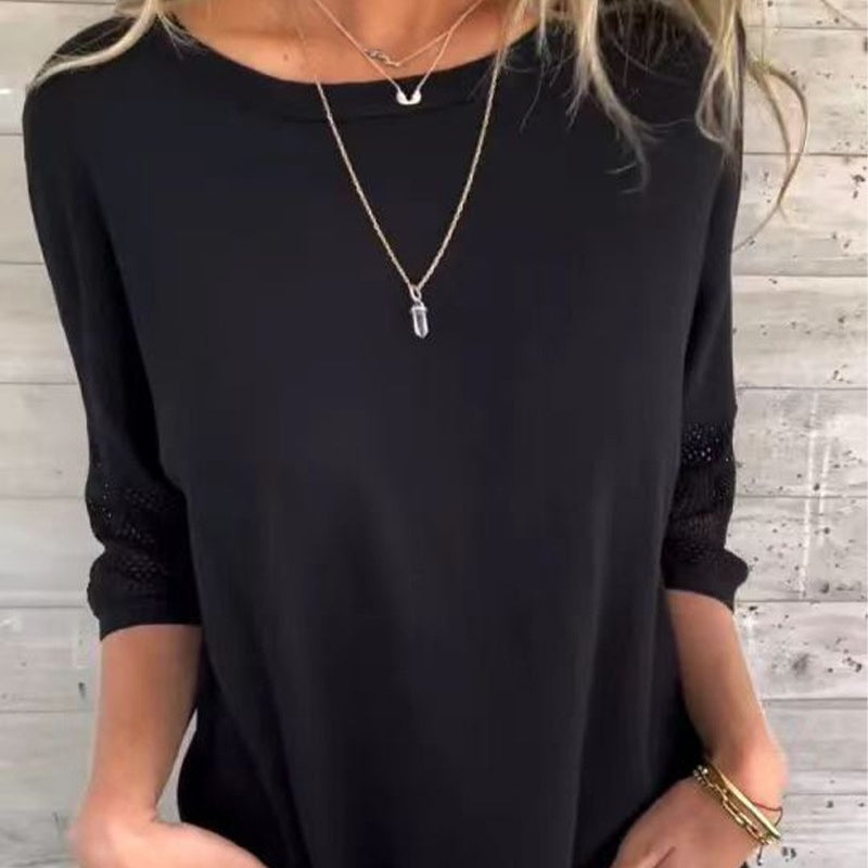 T-shirt décontracté de couleur unie à col rond et manches 3/4 pour femmes