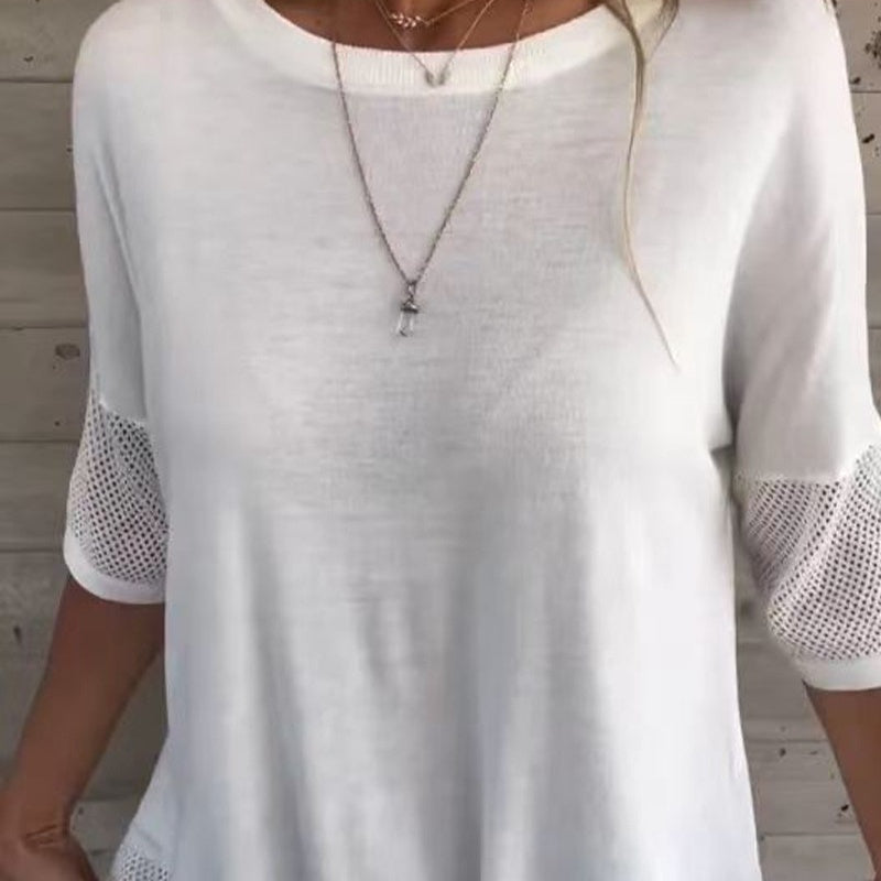 T-shirt décontracté de couleur unie à col rond et manches 3/4 pour femmes