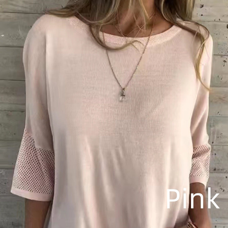 T-shirt décontracté de couleur unie à col rond et manches 3/4 pour femmes