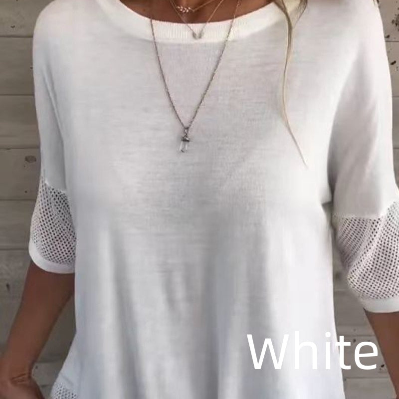 T-shirt décontracté de couleur unie à col rond et manches 3/4 pour femmes