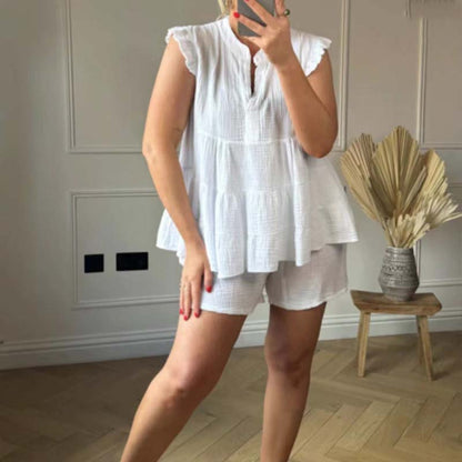 💞Ensemble short et top à volants en toile de chèvre pour femmes