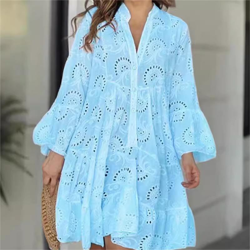 ⏰49% de réduction pour une durée limitée avec livraison gratuite💞Robe Ample à Encolure en V et Découpes Ajourées en Couleur Unie