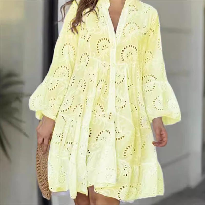 ⏰49% de réduction pour une durée limitée avec livraison gratuite💞Robe Ample à Encolure en V et Découpes Ajourées en Couleur Unie