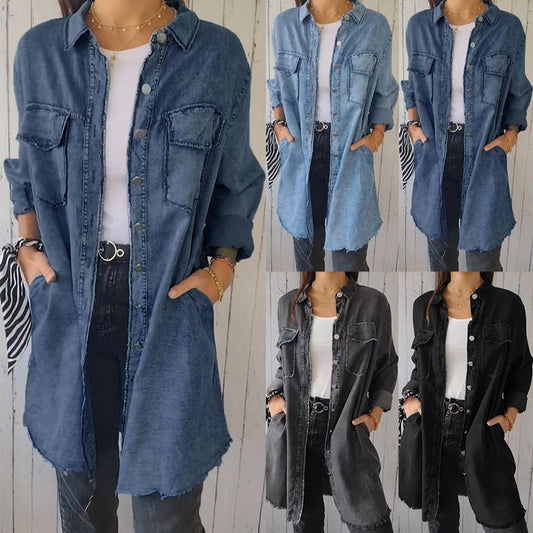 💥 Confortable chemise-manteau à revers en imitation denim pour femmes