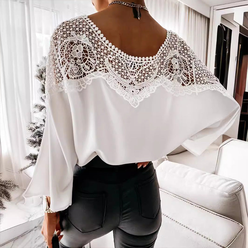🔥VENTE - 49% DE RÉDUCTION🎉Chemisier d'automne sexy à manches 3/4 en dentelle cousue pour femme, élégant, style vintage.
