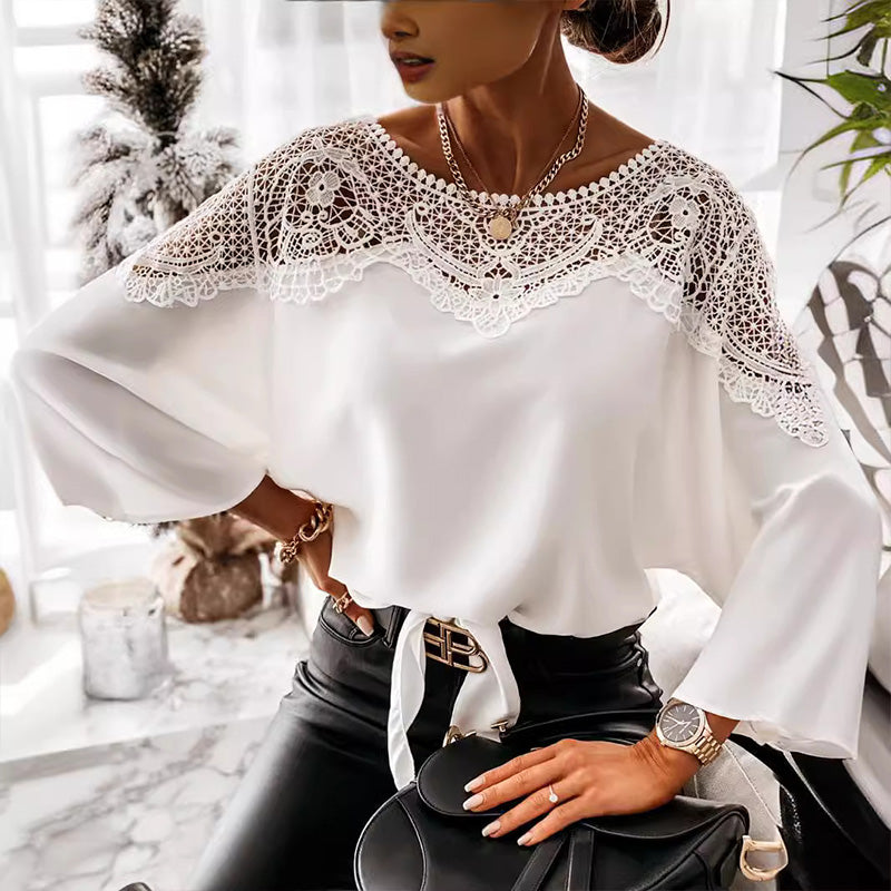 🔥VENTE - 49% DE RÉDUCTION🎉Chemisier d'automne sexy à manches 3/4 en dentelle cousue pour femme, élégant, style vintage.