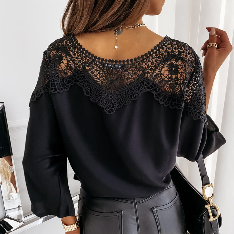 🔥VENTE - 49% DE RÉDUCTION🎉Chemisier d'automne sexy à manches 3/4 en dentelle cousue pour femme, élégant, style vintage.
