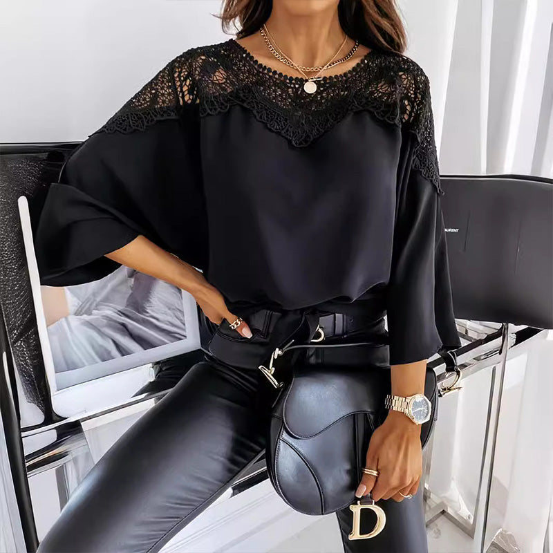 🔥VENTE - 49% DE RÉDUCTION🎉Chemisier d'automne sexy à manches 3/4 en dentelle cousue pour femme, élégant, style vintage.
