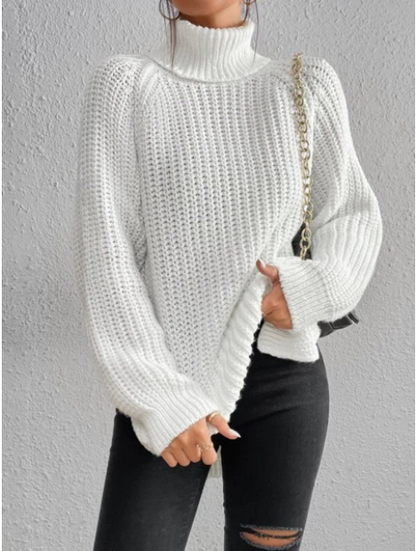 💃Pull en coton à col roulé et manches raglan à ourlet fendu🌸