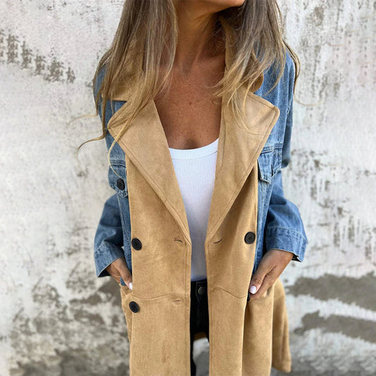 💞Deux pour 10% de réduction💃Trench mi-long avec surpiqûres en jean denim💝