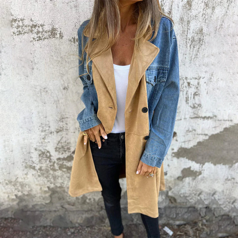 💞Deux pour 10% de réduction💃Trench mi-long avec surpiqûres en jean denim💝