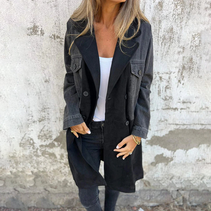 💞Deux pour 10% de réduction💃Trench mi-long avec surpiqûres en jean denim💝