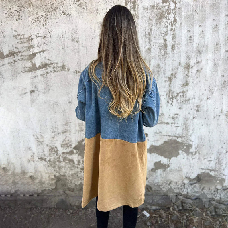💞Deux pour 10% de réduction💃Trench mi-long avec surpiqûres en jean denim💝