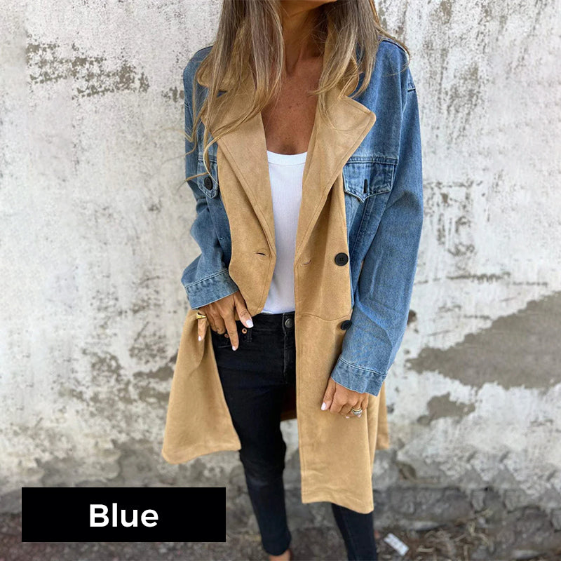 💞Deux pour 10% de réduction💃Trench mi-long avec surpiqûres en jean denim💝