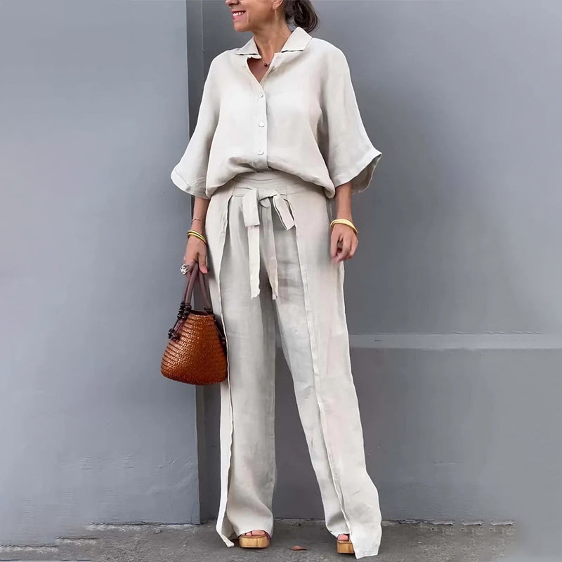 💞Ensemble 2 pièces avec haut à revers et pantalon à cordon de couleur unie💃