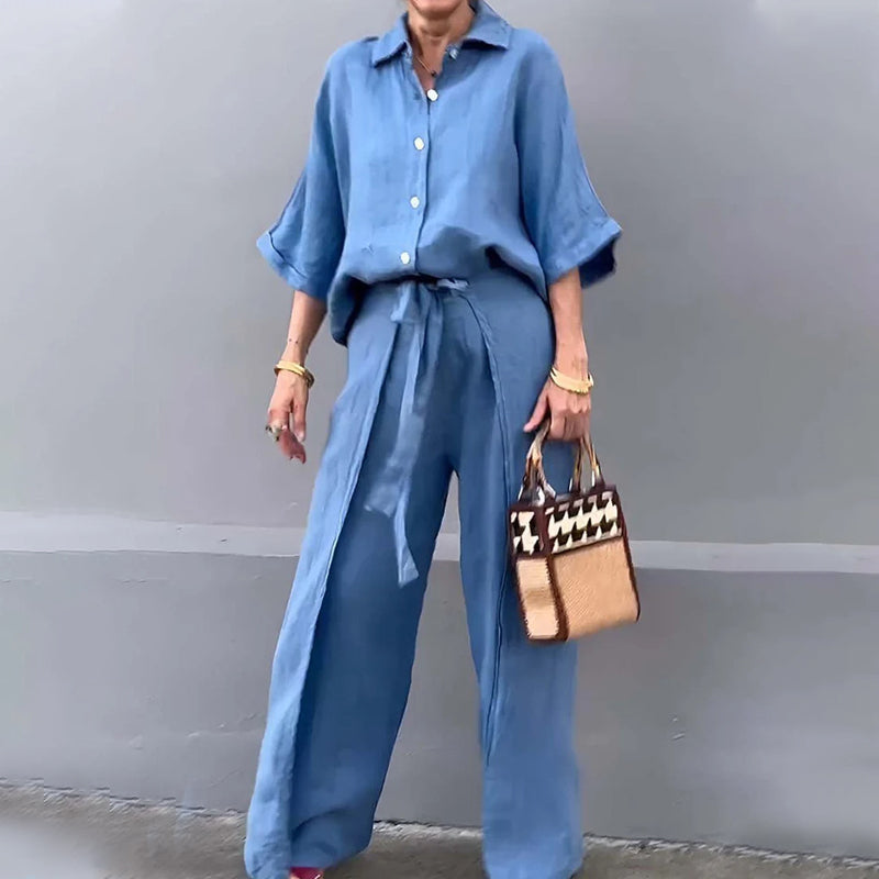 💞Ensemble 2 pièces avec haut à revers et pantalon à cordon de couleur unie💃