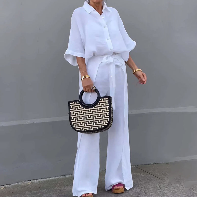 💞Ensemble 2 pièces avec haut à revers et pantalon à cordon de couleur unie💃