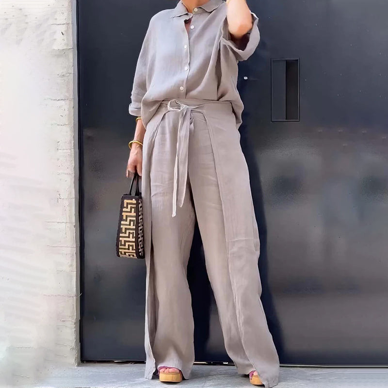 💞Ensemble 2 pièces avec haut à revers et pantalon à cordon de couleur unie💃