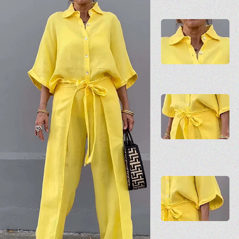 💞Ensemble 2 pièces avec haut à revers et pantalon à cordon de couleur unie💃