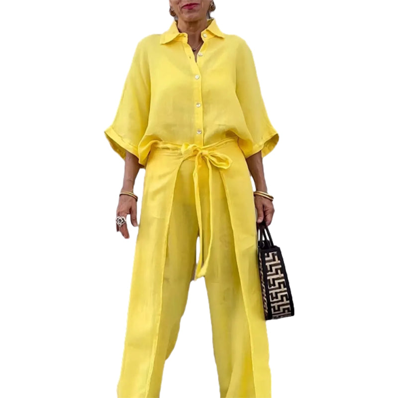 💞Ensemble 2 pièces avec haut à revers et pantalon à cordon de couleur unie💃