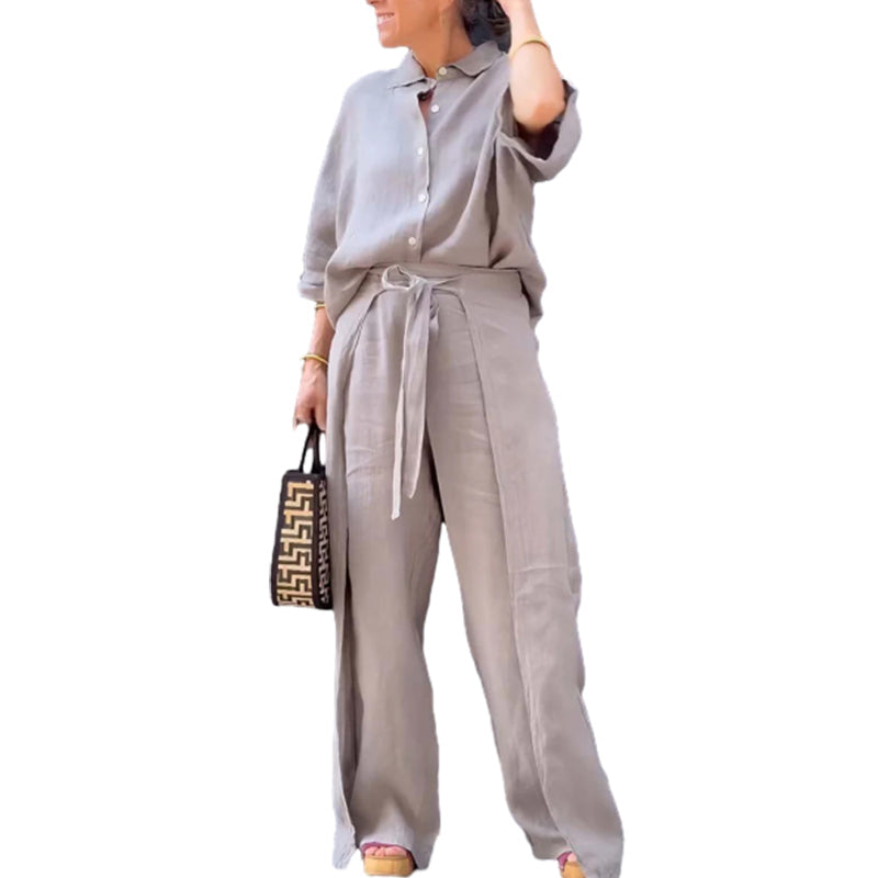 💞Ensemble 2 pièces avec haut à revers et pantalon à cordon de couleur unie💃