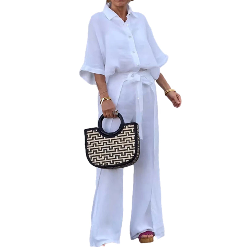 💞Ensemble 2 pièces avec haut à revers et pantalon à cordon de couleur unie💃