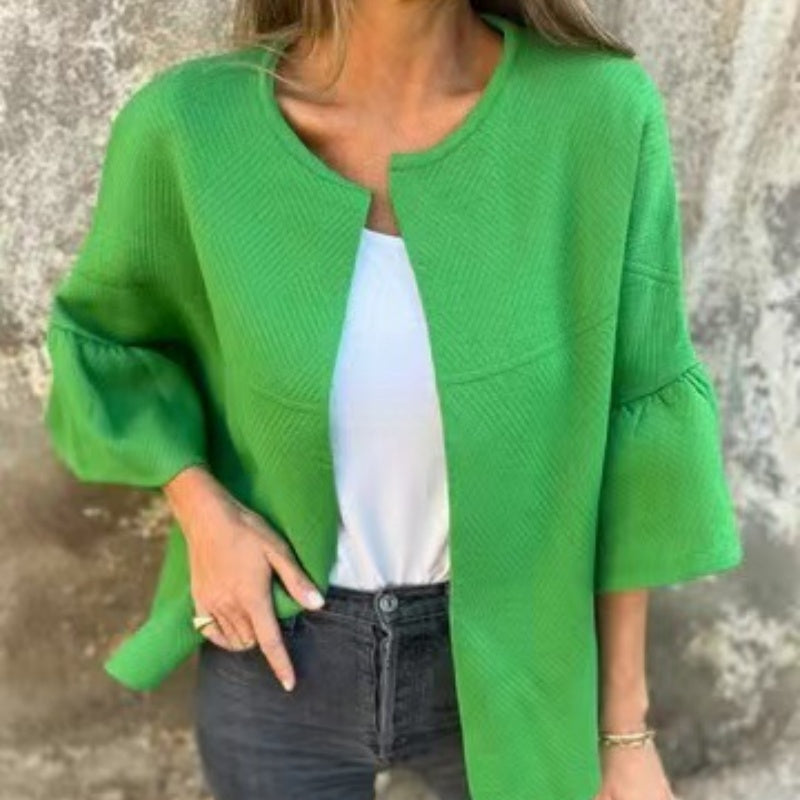 💃Veste à manches courtes à col rond et à manches évasées pour femmes💝