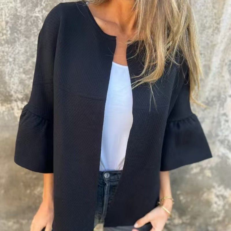 💃Veste à manches courtes à col rond et à manches évasées pour femmes💝