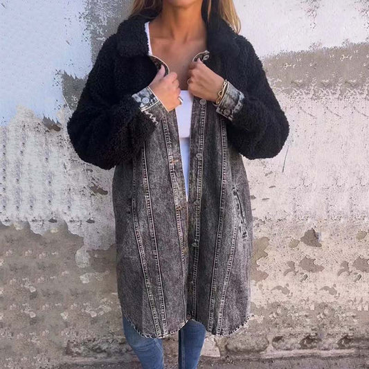 🍂Réduction d'automne 49%🍂Veste chemise longue en denim doublée de sherpa pour femme