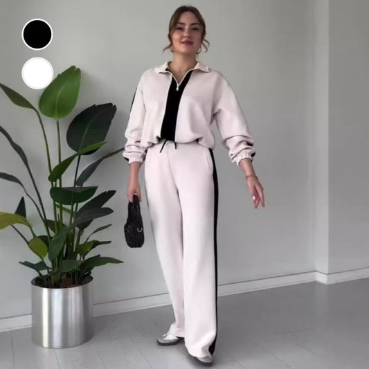 🍂Soldes d'automne 50 % DE RÉDUCTION💕Ensemble 2 pièces pour femme : haut à revers zippé et pantalon