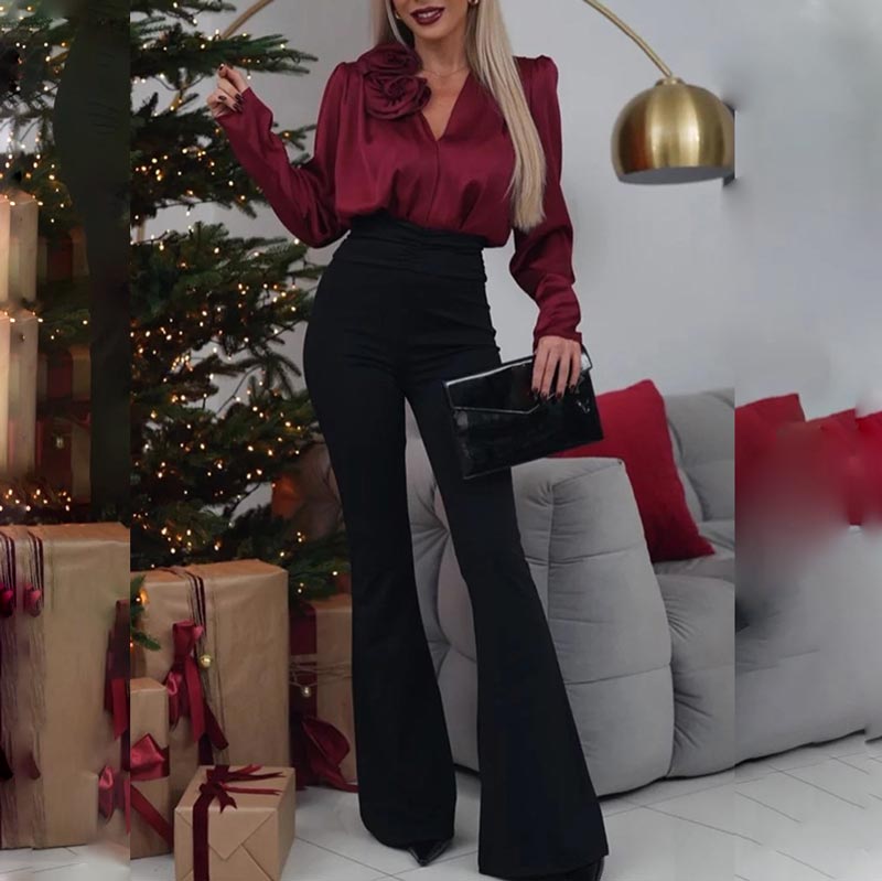 💃Chemisier en satin luxueux à col en V avec détails roses pour femme