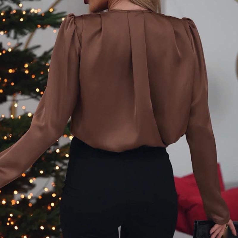 💃Chemisier en satin luxueux à col en V avec détails roses pour femme