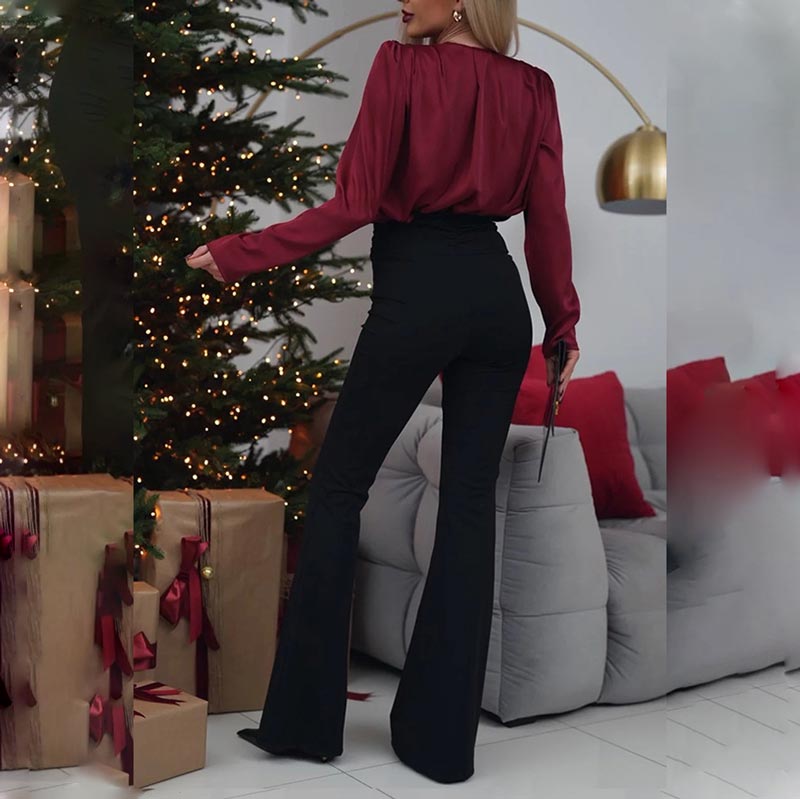 💃Chemisier en satin luxueux à col en V avec détails roses pour femme