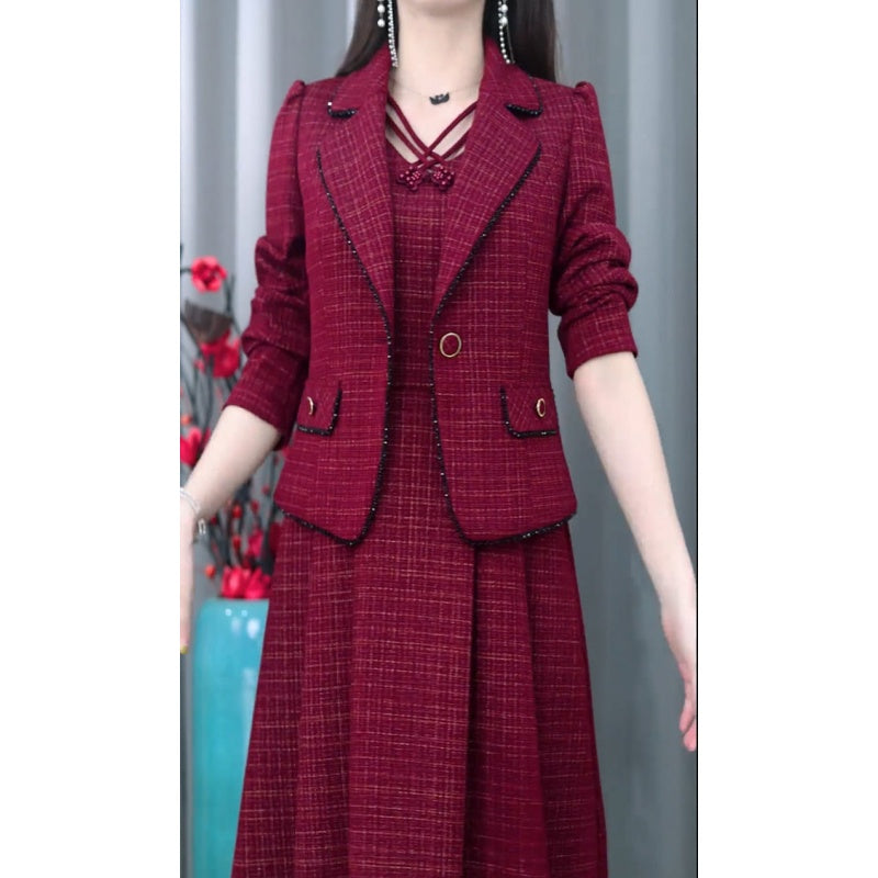 Ensemble 2 Pièces : Blazer Tendance et Robe Sans Manches pour Femme