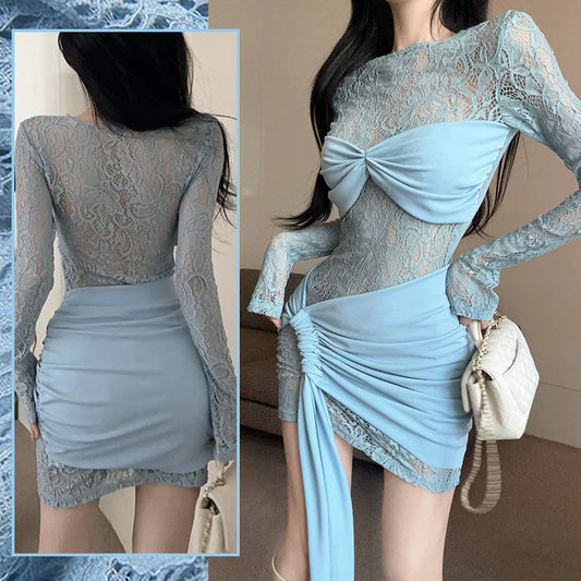 🩵Robe sexy en dentelle bleue à volants🩵