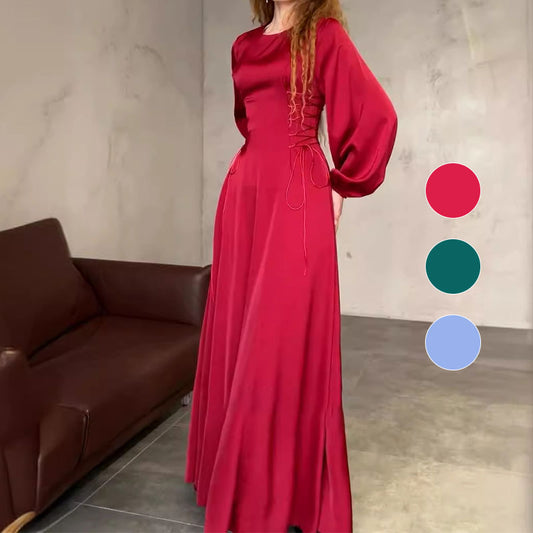 Robe longue à manches bouffantes et taille nouée sur le côté pour femme