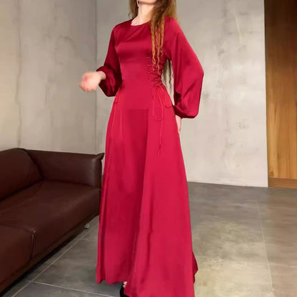 Robe longue à manches bouffantes et taille nouée sur le côté pour femme