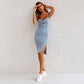Robe camisole moulante fendue en denim à bretelles réglables et col en U