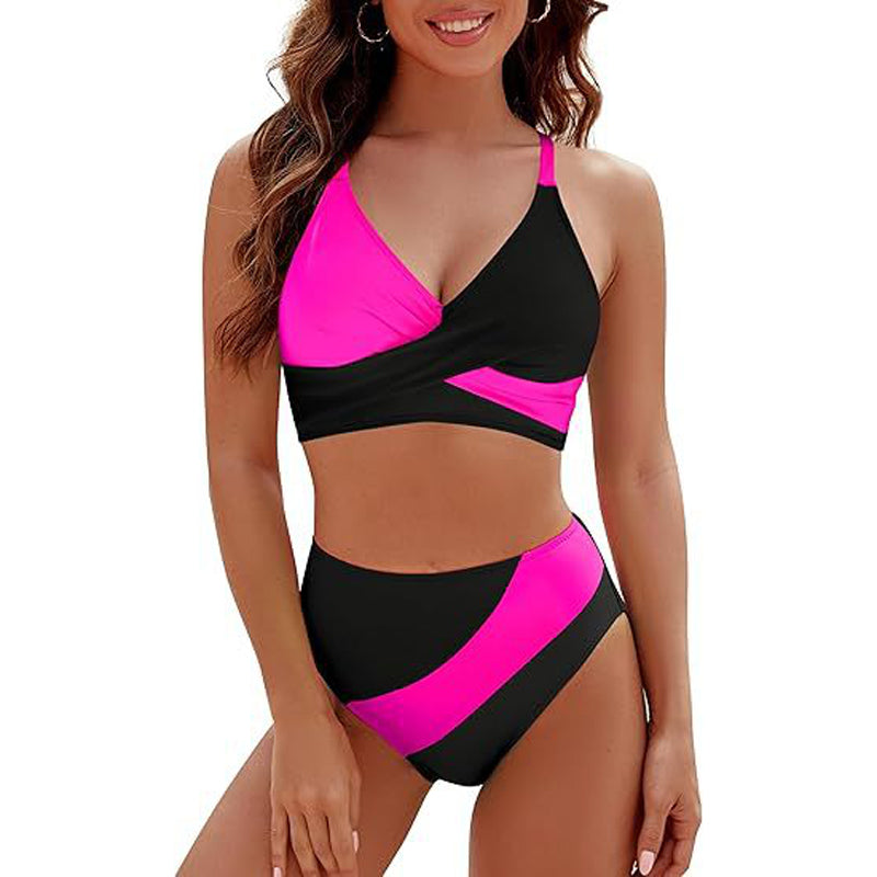 Ensemble de maillots de bain pour femmes, color-block, dos en dentelle croisée