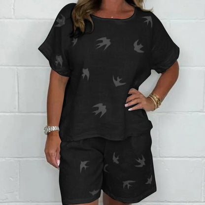 Ensemble short à manches courtes imprimé décontracté en coton-lin