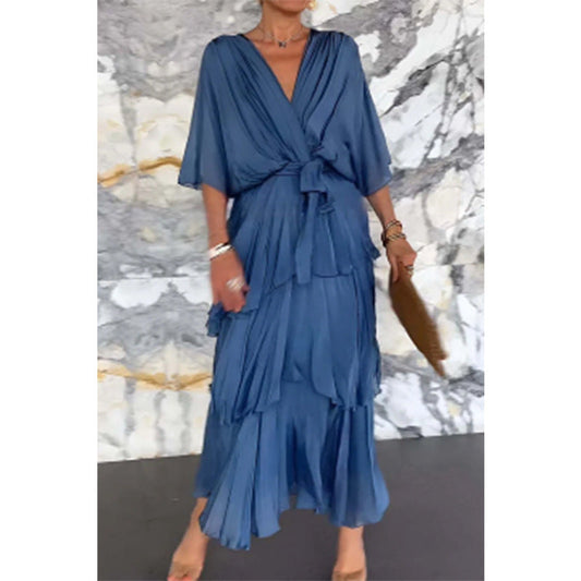 Robe Élégante Superposée à Col en V et Taille Cintrée avec Ceinture