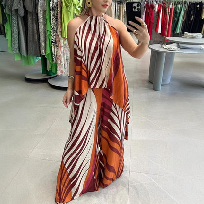 Ensemble Haut Imprimé Asymétrique à Dos Nu & Pantalon Large